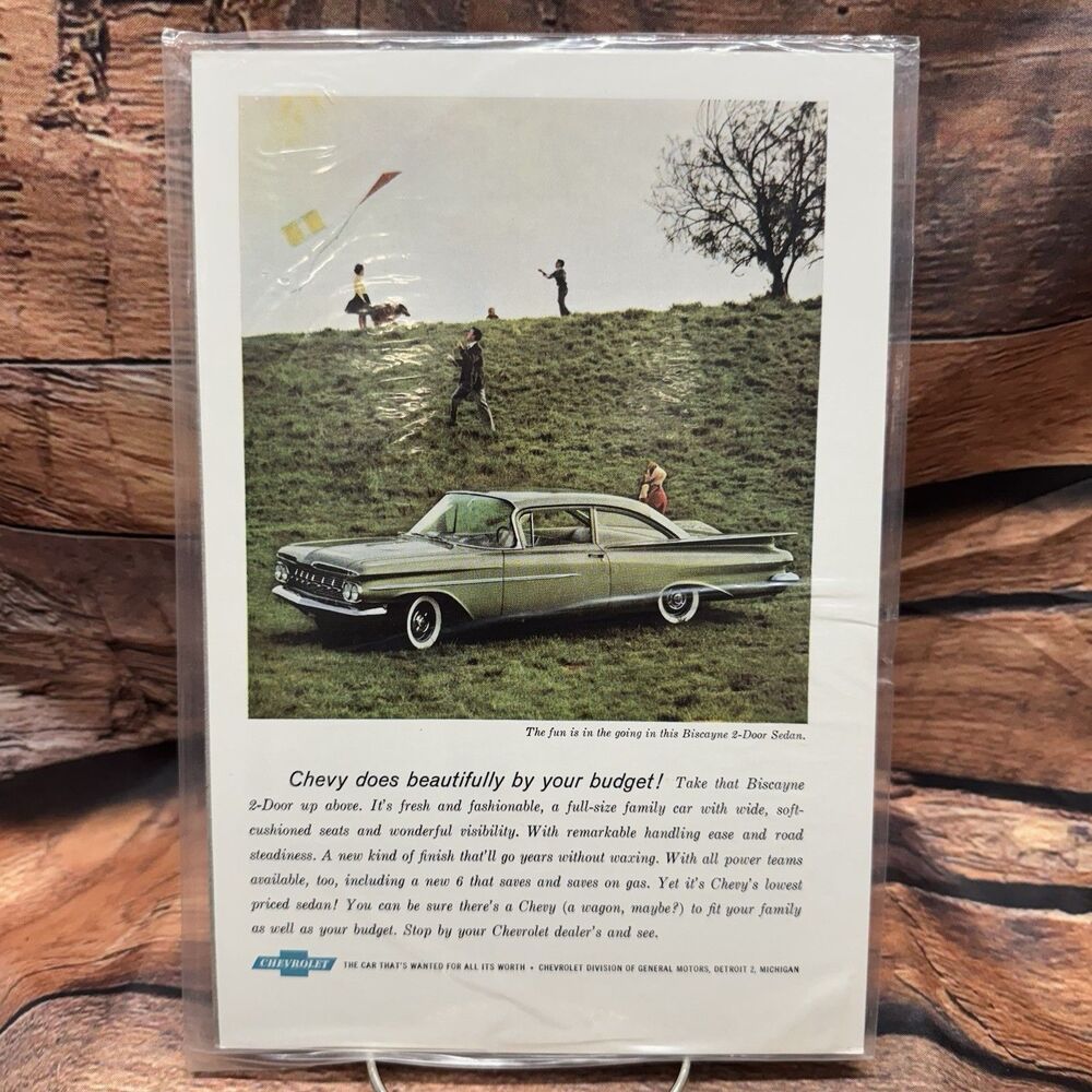 1959 Chevrolet Biscayne Print Ad Vintage 2 Door Sedan Chevy Car Art Poster 1950s
